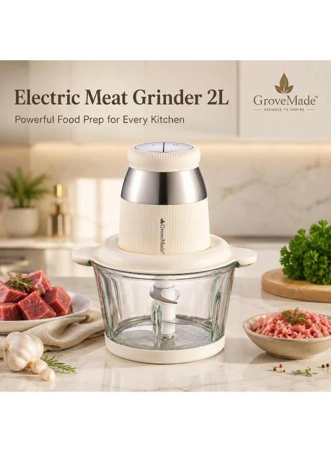 جروفميد مفرمة لحوم كهربائية 2 لتر، محضر طعام من الفولاذ المقاوم للصدأ GroveMade مع محرك عالي الطاقة 300 واط، مفرمة لحوم متعددة الوظائف للمطبخ المنزلي وإعداد الوجبات - Image 1