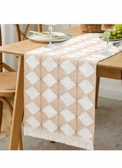Excefore Table Runner, Hand Woven Table Runners Splicing Cotton with Tassel for Bohemian Decor, Beige Cream Boho Table Runner for Fall Wedding Party Modern Farmhouse Kitchen Dining Table Decor(71x 13.8")  - Image 1