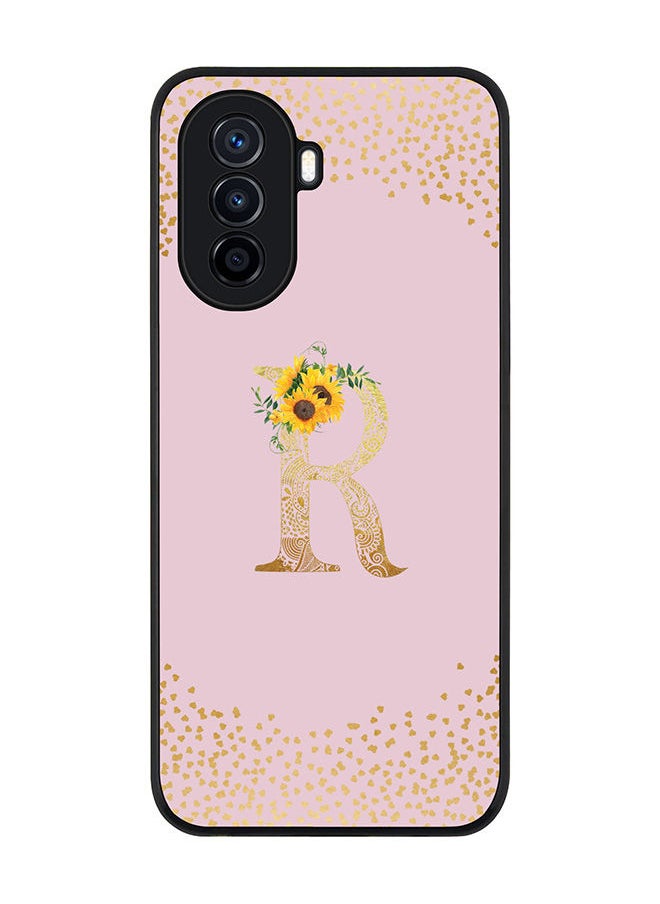 Stylizedd Rugged Black edge case for Huawei Nova Y70 Slim fit Soft Case Flexible Rubber Edges Anti Drop TPU Gel Thin Cover - Custom Monogram Initial Letter Floral Pattern Alphabet - R (Pink )  - Image 1