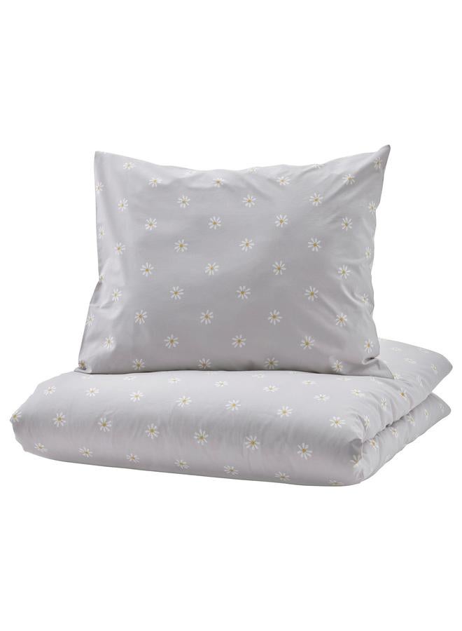 erorex Duvet cover and pillowcase, floral pattern grey/white, 150x200/50x80 cm - Image 1