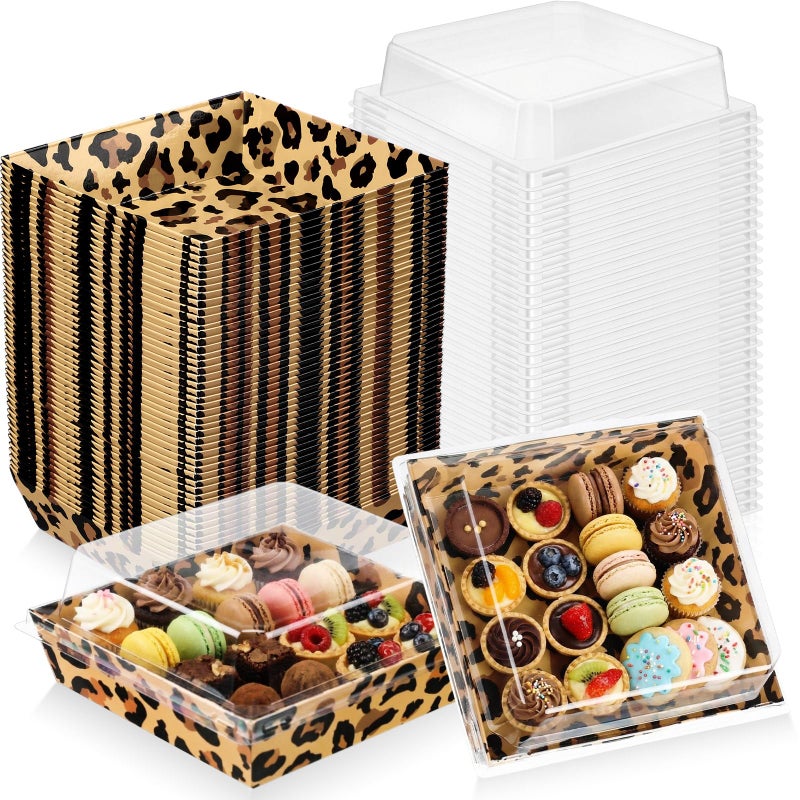 Potchen 50 Pack Leopard Print Charcuterie Boxes with Clear Lids Animal Cheetah Leopard Candy Cookie Boxes with Window for Treat Wild Zoo Jungle Safari Themed Party Decoration Supplies - Image 1