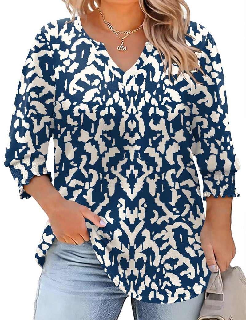 Rapbin 3/4 Length Sleeve Womens Tops Plus Size Peasant Tops for Women Boho Blouse Cotton Tops for Women Loose Fit Summer Shirt (Navy Blue Apricot Print 4XL) - Image 1