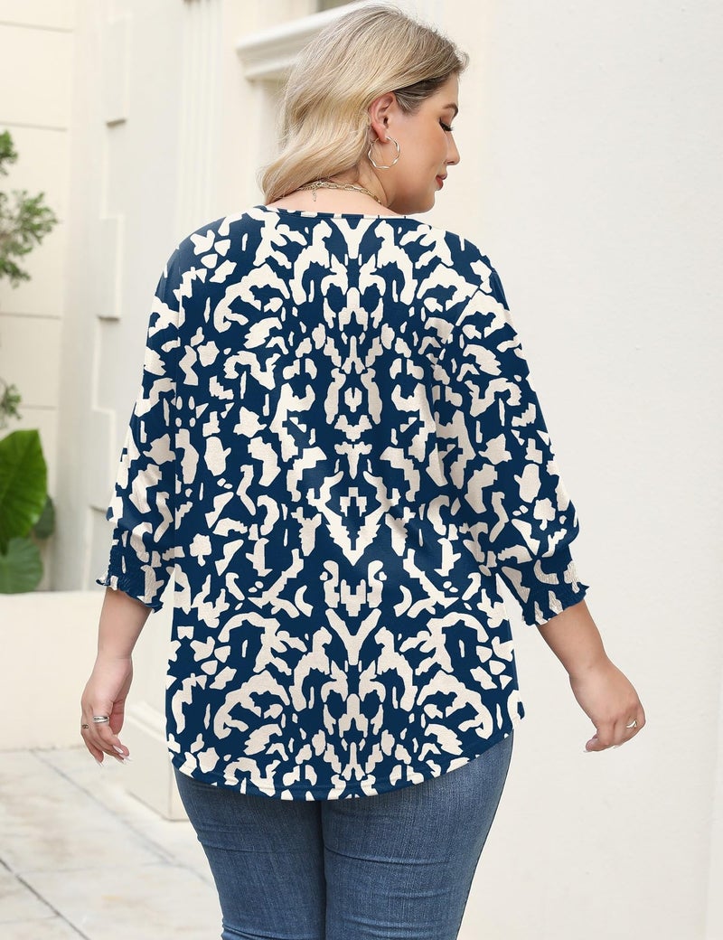 Rapbin 3/4 Length Sleeve Womens Tops Plus Size Peasant Tops for Women Boho Blouse Cotton Tops for Women Loose Fit Summer Shirt (Navy Blue Apricot Print 4XL) - Image 4