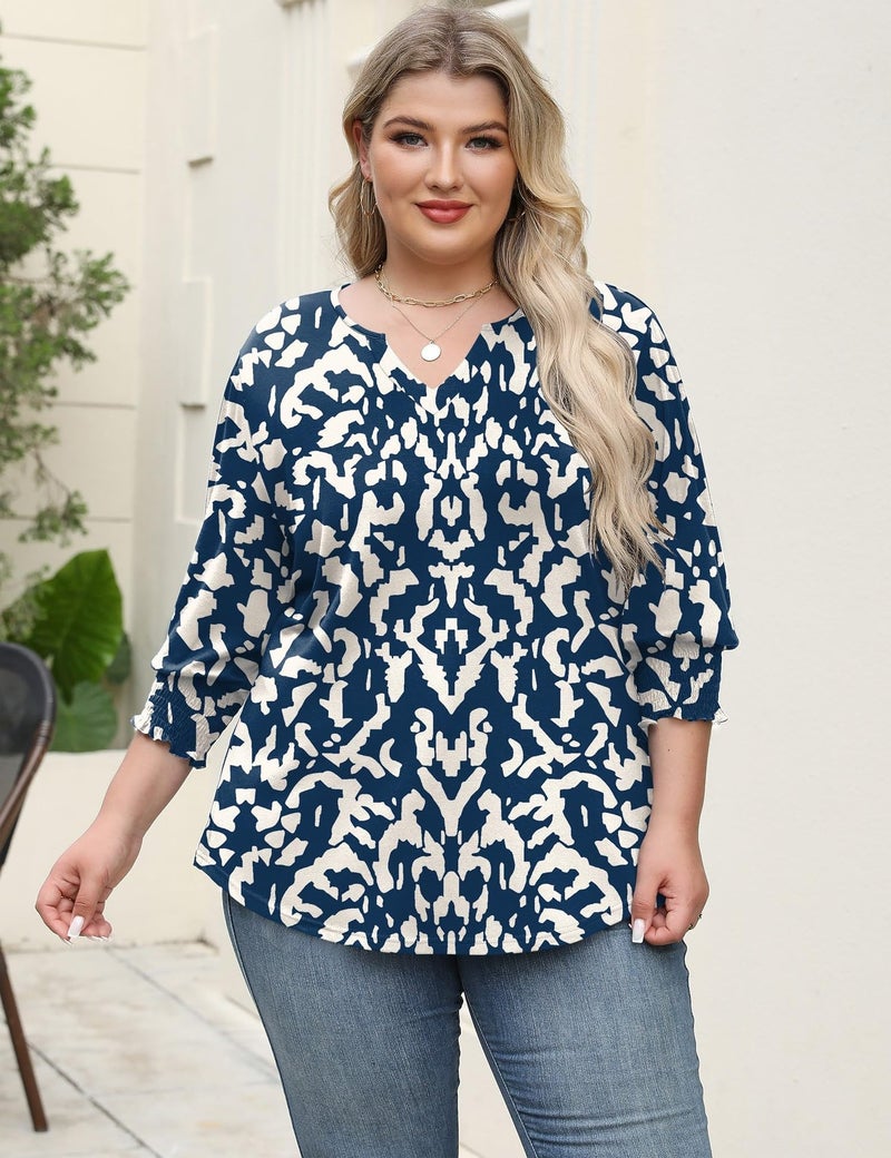 Rapbin 3/4 Length Sleeve Womens Tops Plus Size Peasant Tops for Women Boho Blouse Cotton Tops for Women Loose Fit Summer Shirt (Navy Blue Apricot Print 4XL) - Image 2
