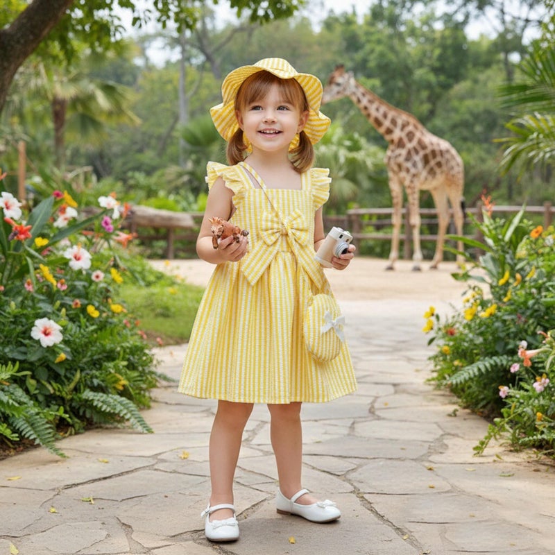 Renotemy Baby Girl Dresses 0-3 Months Newborn Infant Girls Ruffle Flutter Sleeve Big Bowknot Boho Yellow Sundress Gifts for Girls 3 Months Spring Summer Dress Clothes Outfits with Hat and Bag - Image 2