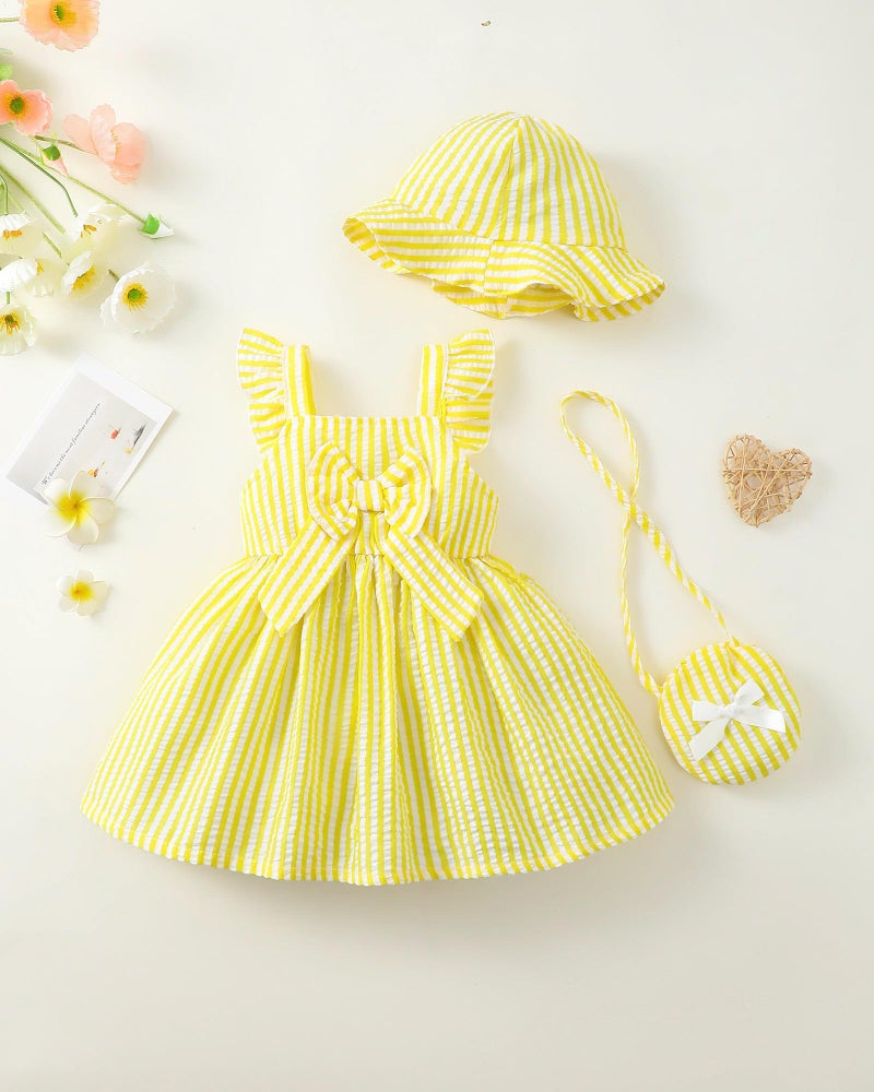 Renotemy Baby Girl Dresses 0-3 Months Newborn Infant Girls Ruffle Flutter Sleeve Big Bowknot Boho Yellow Sundress Gifts for Girls 3 Months Spring Summer Dress Clothes Outfits with Hat and Bag - Image 4
