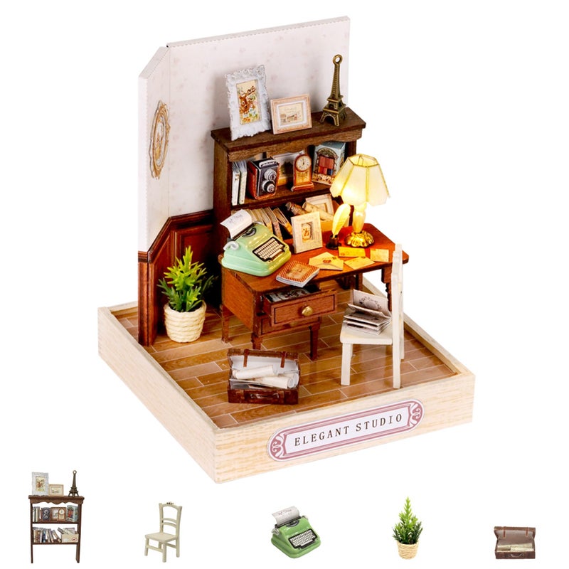 Kisoy Dollhouse Miniature with Furniture Kit DIY 3D Wooden DIY House Kit with Dust CoverHandmade Tiny House Toys for Teens Adults GiftElegant Studio - Image 2