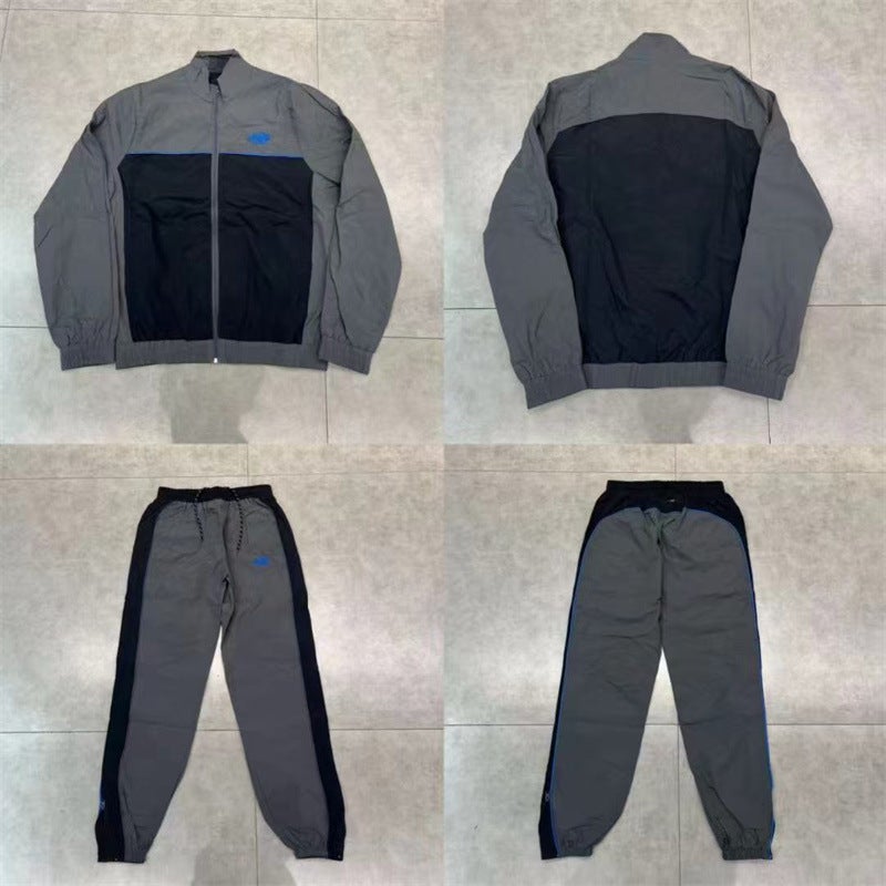 Syna Drill Style American Style Street Hip Hop Embroidered Logo Stitching Collar Windbreaker Jacket Casual Pants suit Grey suit