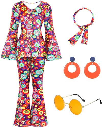 Leumoi 6 Pcs 60s 70s Disco Outfit Women Hippie Costume Accessories Flared Pants Headband Earrings Sunglass(Flower, Large) - Image 2