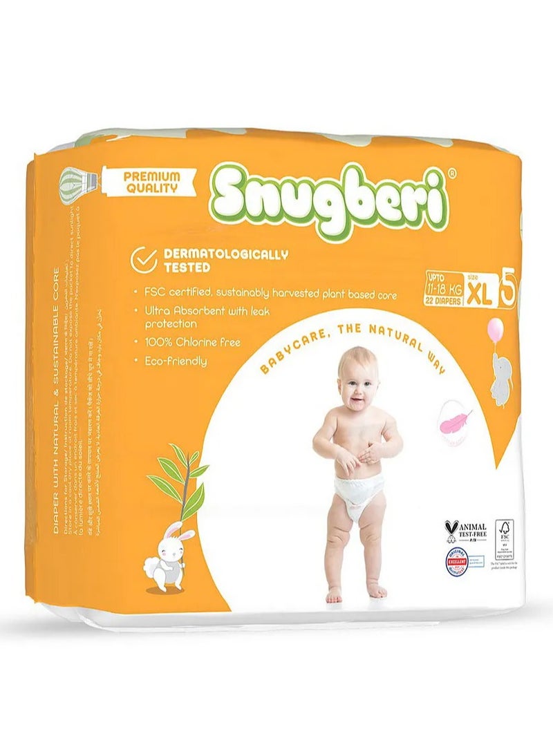 Snugberi Tape Style Diapers, Size 5 XL, 22 Pieces, 11-18kg - Dermatologically Tested, Chlorine Free, Ultra Absorbent with Leak Protection