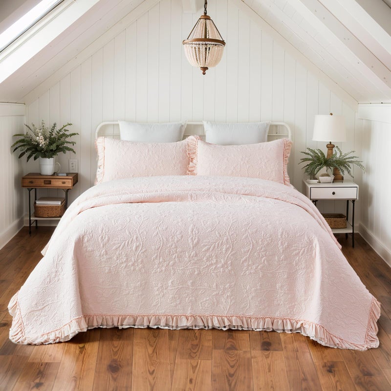 Brandream Queen Size Quilt Set Cotton Light Pink Quilts Shabby Chic Bedding Romantic Ruffle Bedspread Matelasse Coverlet Set 3-Piece - Image 5