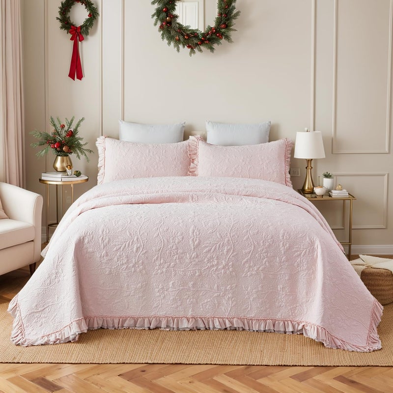 Brandream Queen Size Quilt Set Cotton Light Pink Quilts Shabby Chic Bedding Romantic Ruffle Bedspread Matelasse Coverlet Set 3-Piece - Image 2