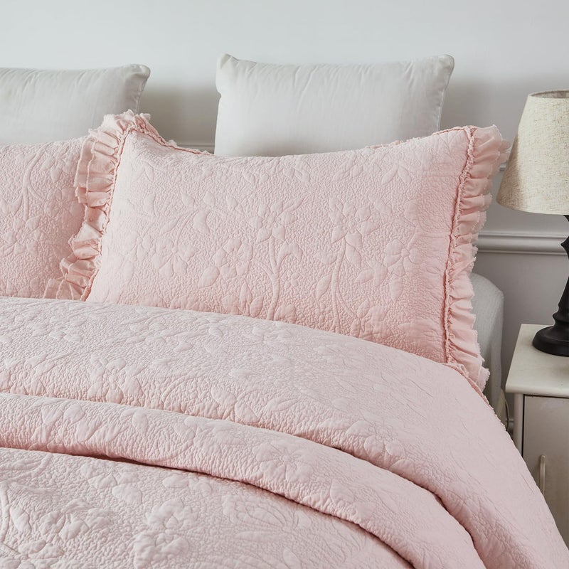 Brandream Queen Size Quilt Set Cotton Light Pink Quilts Shabby Chic Bedding Romantic Ruffle Bedspread Matelasse Coverlet Set 3-Piece - Image 4