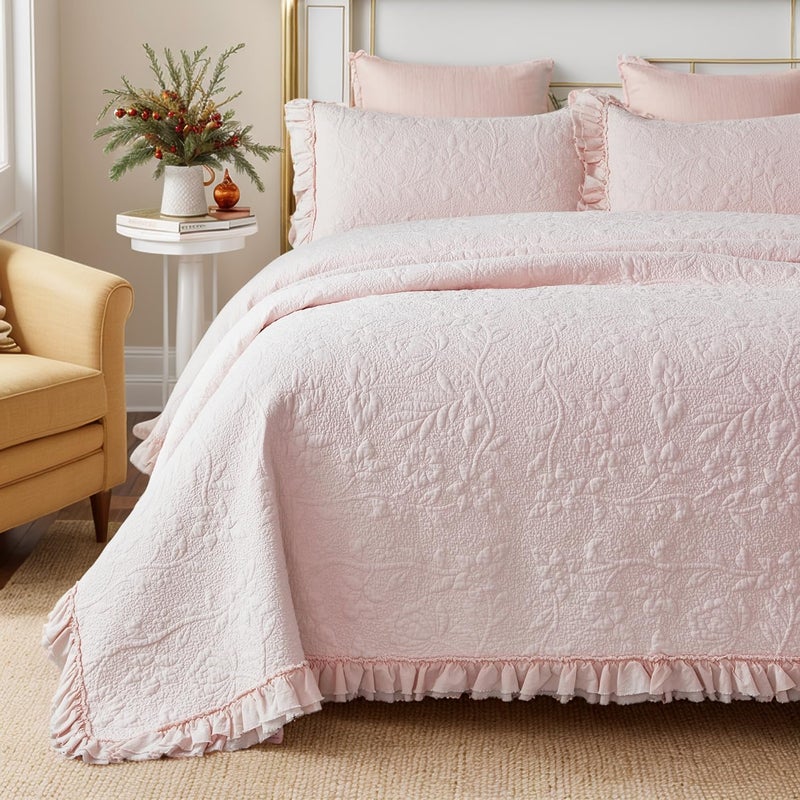 Brandream Queen Size Quilt Set Cotton Light Pink Quilts Shabby Chic Bedding Romantic Ruffle Bedspread Matelasse Coverlet Set 3-Piece - Image 1