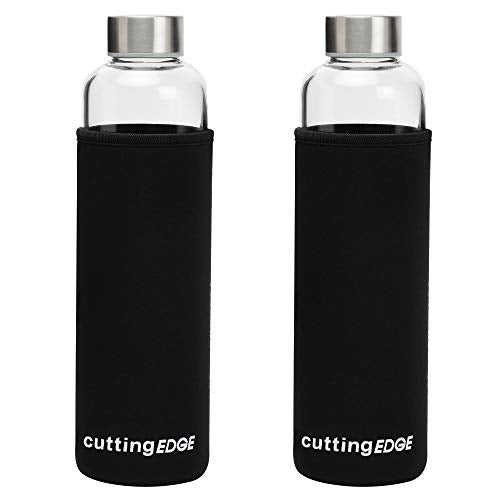 Cutting EDGE 500ml Borosilicate Round Glass Water Bottle Set of 2 with Black Portable Carrying Sleeve for School, Home, Office, Travel, Sport, Yoga, Gym, Hot, Cold Drinks - Image 1