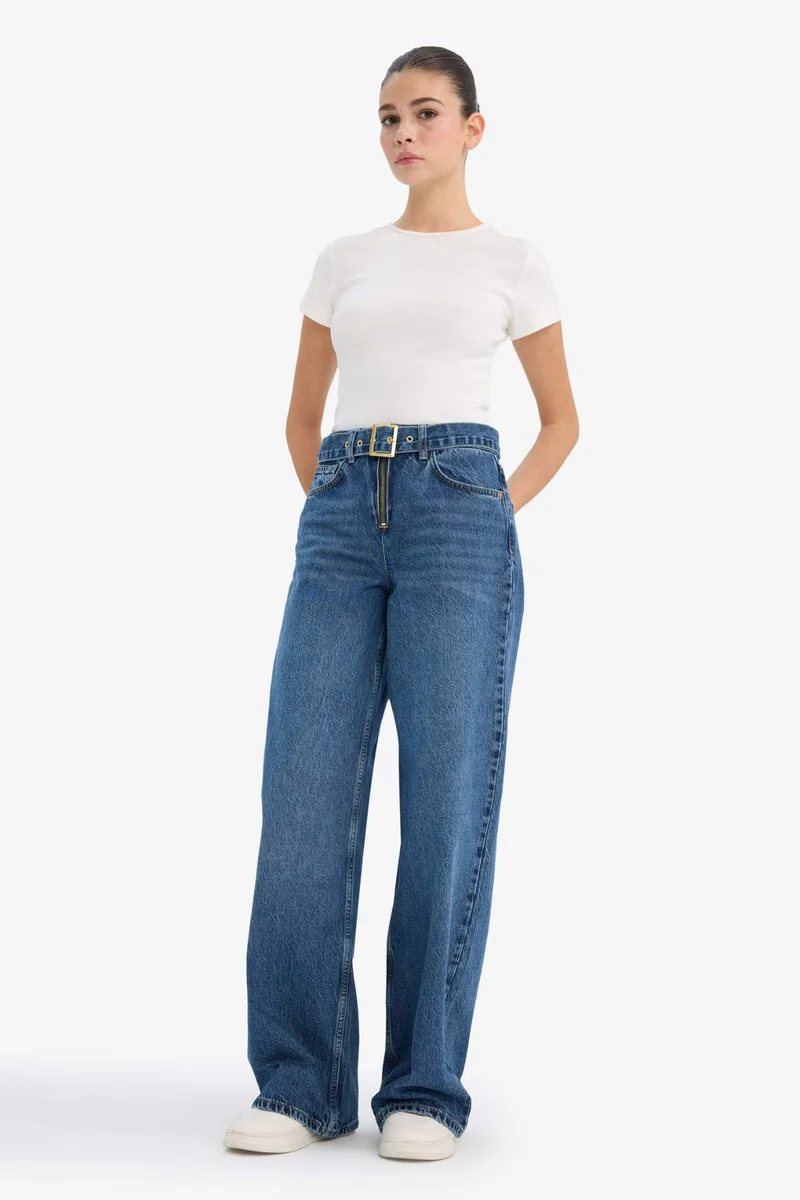 ديفاكتو Wide Leg High Waist Long Washed Jeans