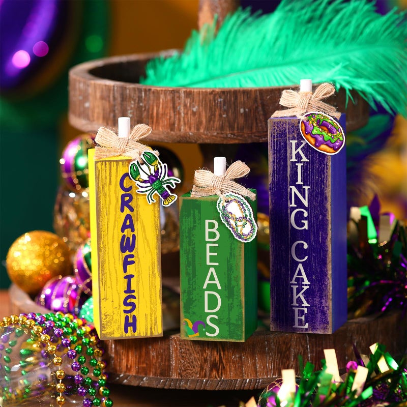 GlikCeil 3 Pcs Mardi Gras Table Decor Carnival Table Centerpiece Decorations Square Wood Mardi Gras Block Sign with Wooden Plaque and Bows for Home Carnival Party Desk Kitchen Decor - Image 2