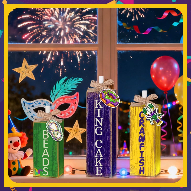 GlikCeil 3 Pcs Mardi Gras Table Decor Carnival Table Centerpiece Decorations Square Wood Mardi Gras Block Sign with Wooden Plaque and Bows for Home Carnival Party Desk Kitchen Decor - Image 5