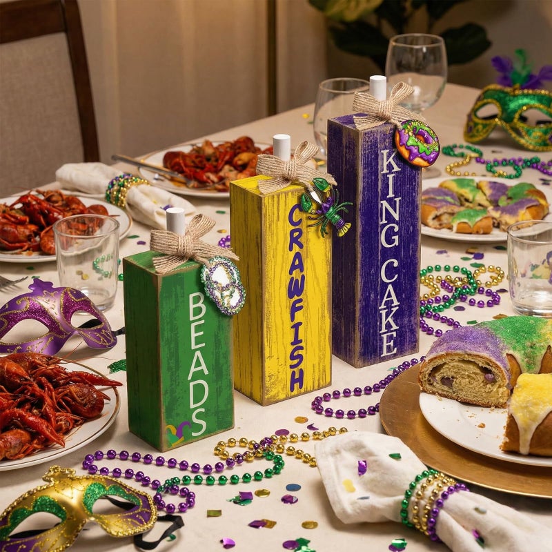 GlikCeil 3 Pcs Mardi Gras Table Decor Carnival Table Centerpiece Decorations Square Wood Mardi Gras Block Sign with Wooden Plaque and Bows for Home Carnival Party Desk Kitchen Decor - Image 4