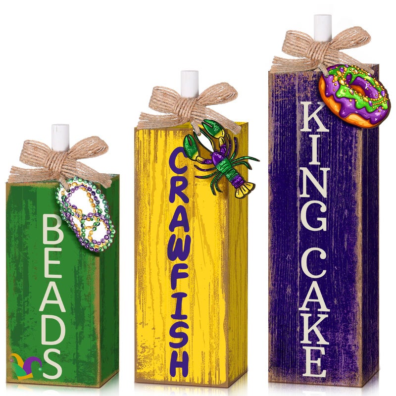 GlikCeil 3 Pcs Mardi Gras Table Decor Carnival Table Centerpiece Decorations Square Wood Mardi Gras Block Sign with Wooden Plaque and Bows for Home Carnival Party Desk Kitchen Decor - Image 1