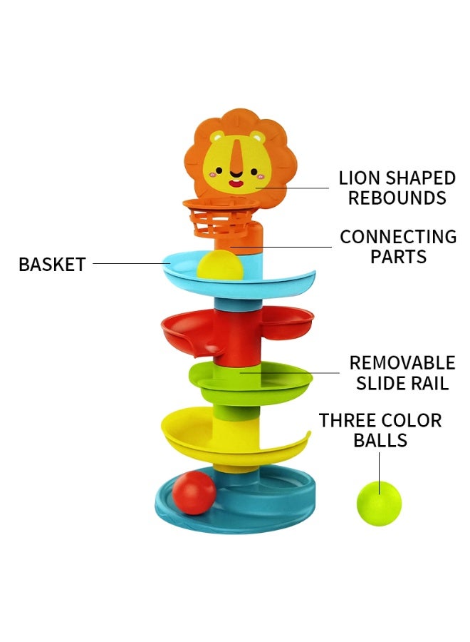 لعبة برج إسقاط الكرة الدوارة مع شكل أسد، 5 طبقات منحدر ملونة وسلة إطلاق، تتضمن 3 كرات خشخيشة، مجموعة ألعاب تعليمية للأطفال الصغار من سن 18 شهرًا فما فوق، تعلم آمن وممتع - Image 5