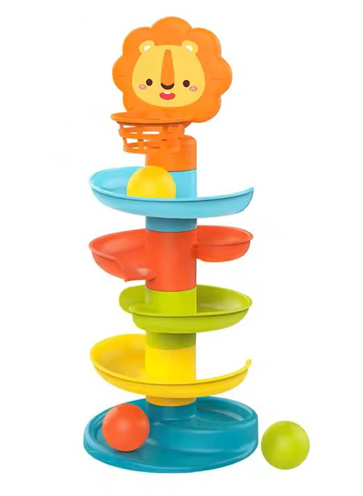 لعبة برج إسقاط الكرة الدوارة مع شكل أسد، 5 طبقات منحدر ملونة وسلة إطلاق، تتضمن 3 كرات خشخيشة، مجموعة ألعاب تعليمية للأطفال الصغار من سن 18 شهرًا فما فوق، تعلم آمن وممتع - Image 1