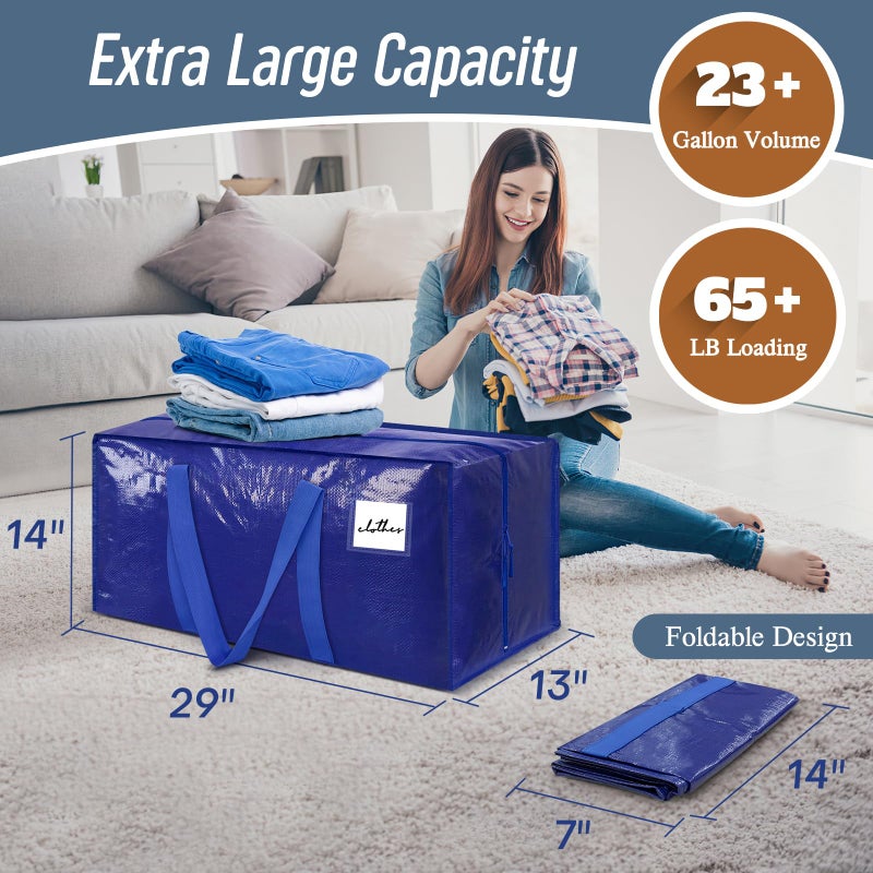 FYGRIP 12 Pack Extra Heavy Duty Large Moving Bags with Strong Zipper & Comfortable Handles, Sturdy & Durable Clothes Storage Bags Totes Bins, Packing Moving Boxes for College Supplies, Blue - Image 3