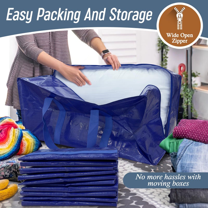 FYGRIP 12 Pack Extra Heavy Duty Large Moving Bags with Strong Zipper & Comfortable Handles, Sturdy & Durable Clothes Storage Bags Totes Bins, Packing Moving Boxes for College Supplies, Blue - Image 5