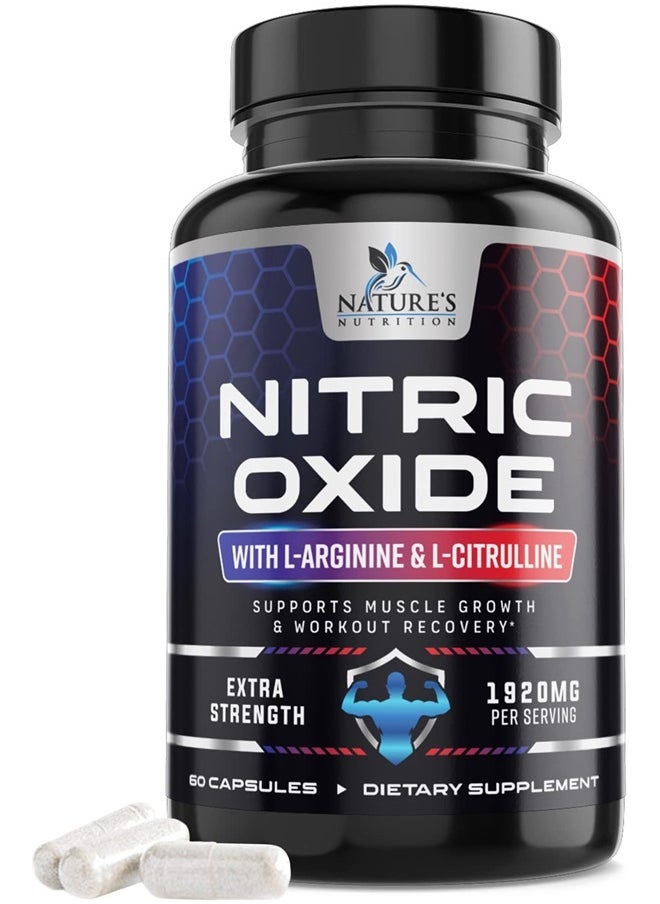 Nature's Nutrition - Extra Strength Nitric Oxide Supplement L Arginine 3X Strength - Citrulline Malate, AAKG, Beta Alanine - Premium Muscle Supporting Nitric Oxide Booster for Strength & Energy - 60 Nitric Oxide Capsules - Image 1