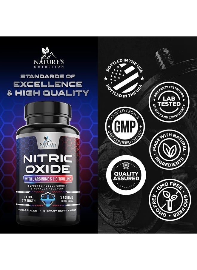 Nature's Nutrition - Extra Strength Nitric Oxide Supplement L Arginine 3X Strength - Citrulline Malate, AAKG, Beta Alanine - Premium Muscle Supporting Nitric Oxide Booster for Strength & Energy - 60 Nitric Oxide Capsules - Image 1