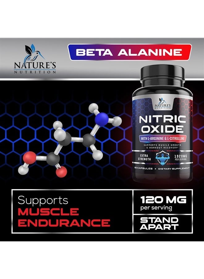 Nature's Nutrition - Extra Strength Nitric Oxide Supplement L Arginine 3X Strength - Citrulline Malate, AAKG, Beta Alanine - Premium Muscle Supporting Nitric Oxide Booster for Strength & Energy - 60 Nitric Oxide Capsules - Image 1