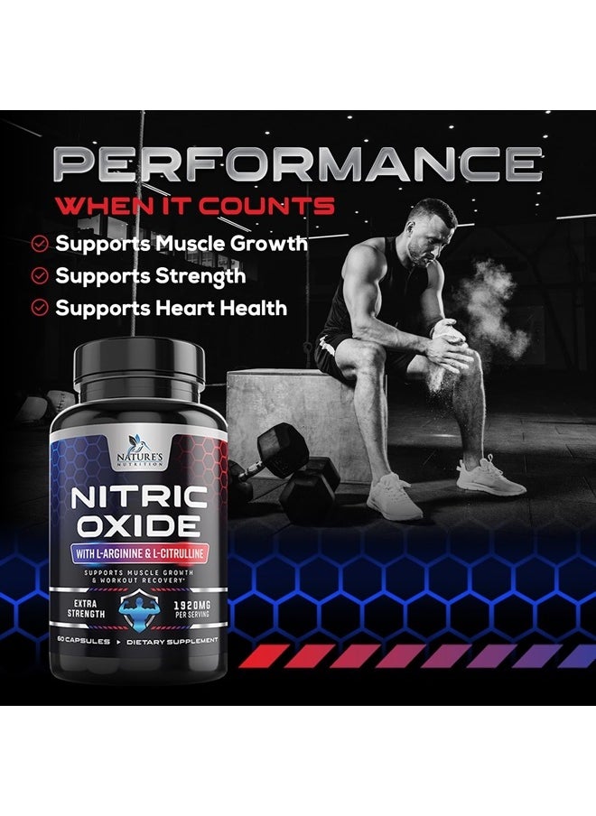 Nature's Nutrition - Extra Strength Nitric Oxide Supplement L Arginine 3X Strength - Citrulline Malate, AAKG, Beta Alanine - Premium Muscle Supporting Nitric Oxide Booster for Strength & Energy - 60 Nitric Oxide Capsules - Image 1