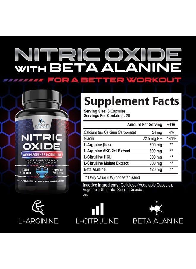 Nature's Nutrition - Extra Strength Nitric Oxide Supplement L Arginine 3X Strength - Citrulline Malate, AAKG, Beta Alanine - Premium Muscle Supporting Nitric Oxide Booster for Strength & Energy - 60 Nitric Oxide Capsules - Image 1