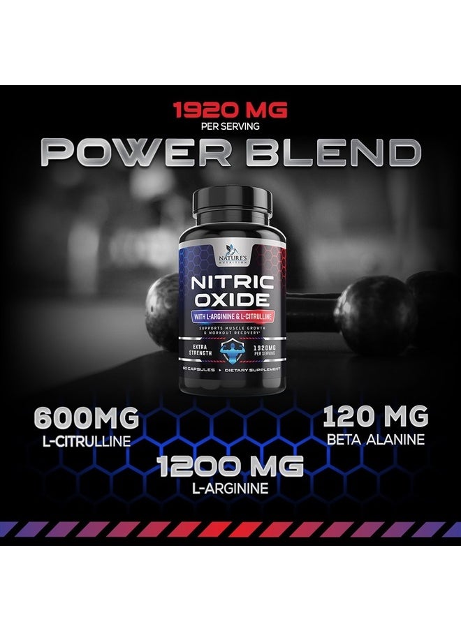 Nature's Nutrition - Extra Strength Nitric Oxide Supplement L Arginine 3X Strength - Citrulline Malate, AAKG, Beta Alanine - Premium Muscle Supporting Nitric Oxide Booster for Strength & Energy - 60 Nitric Oxide Capsules - Image 1