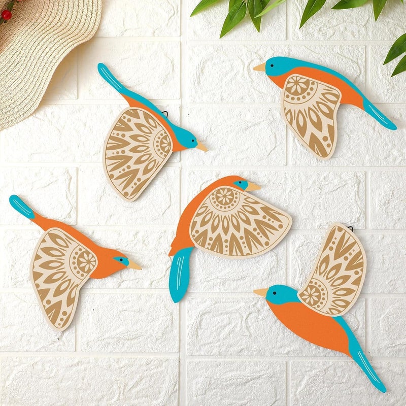 WRH Luvkushcart Wooden 3D 5 Pieces Birds for wall decor.Wood Bird Folk Art Wall Hanging Art Decoration Item for Living Room, Bedroom, Drawing Room, Dining Room & Office - Image 1