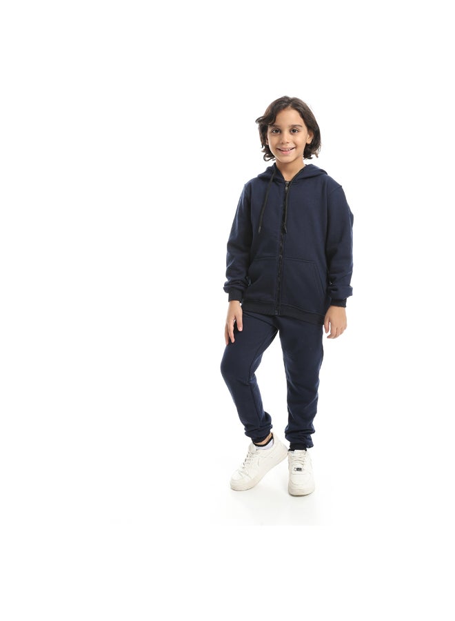 Andora Basic Fleeced With Hooded Collar and Zipper Closure Navy Training Suit_Blue - Image 2
