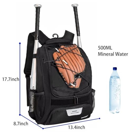 DAFISKY Baseball Bag Softball Backpack Youth Adult T Ball Bat Equipment Bag with Bat and Helmet Holders Shoe Compartment and Hook Black - Image 3