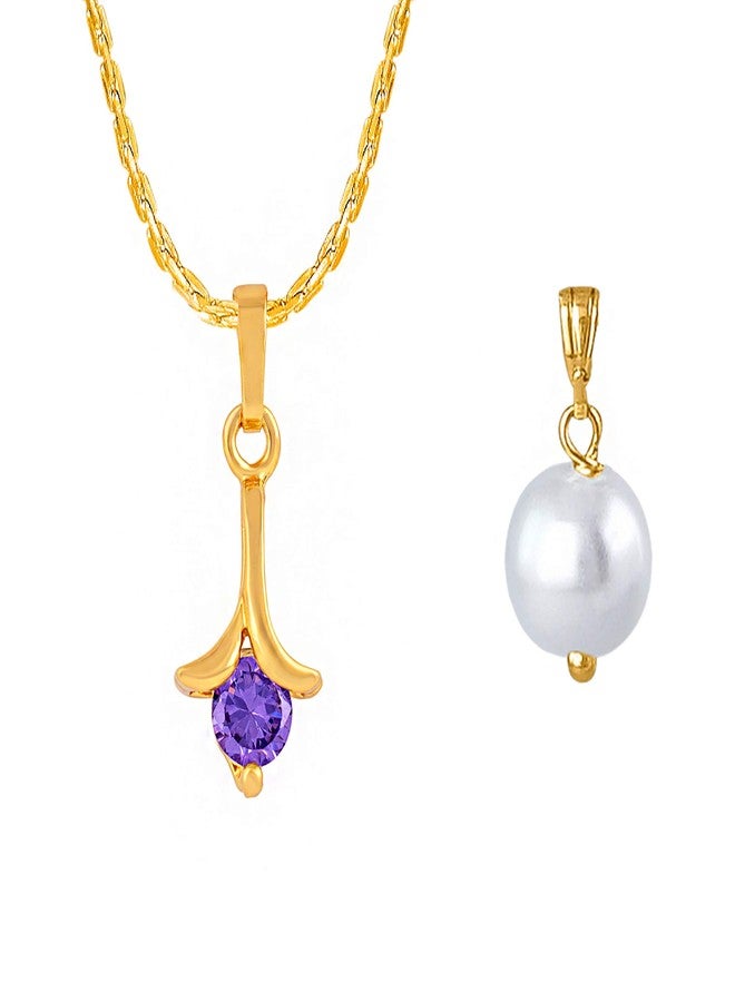 JFL - Jewellery for Less Fashion Combo of Gold Plated Cubic Zircon Purple Round Solitaire Pendant and Japanese Pearl Pendant with Chain for Women and Girls,Valentine - Image 1