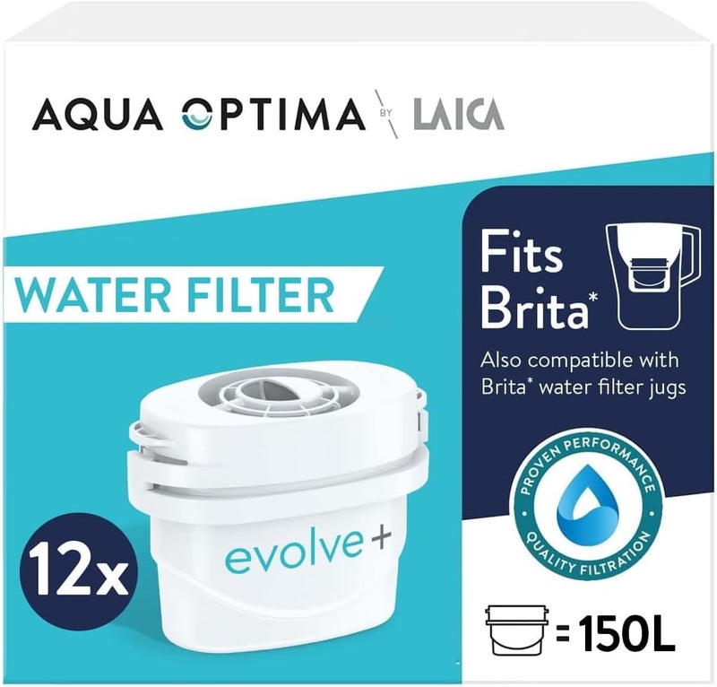 Aqua Optima Water Filter Cartridges, Evolve+ 12 Pack, Fits Brita Maxtra+ and PerfectFit Jugs, 5 Stage Filtration System Reduces Chlorine, Limescale & Other Impurities, 12 Months Supply Compact design - Image 1