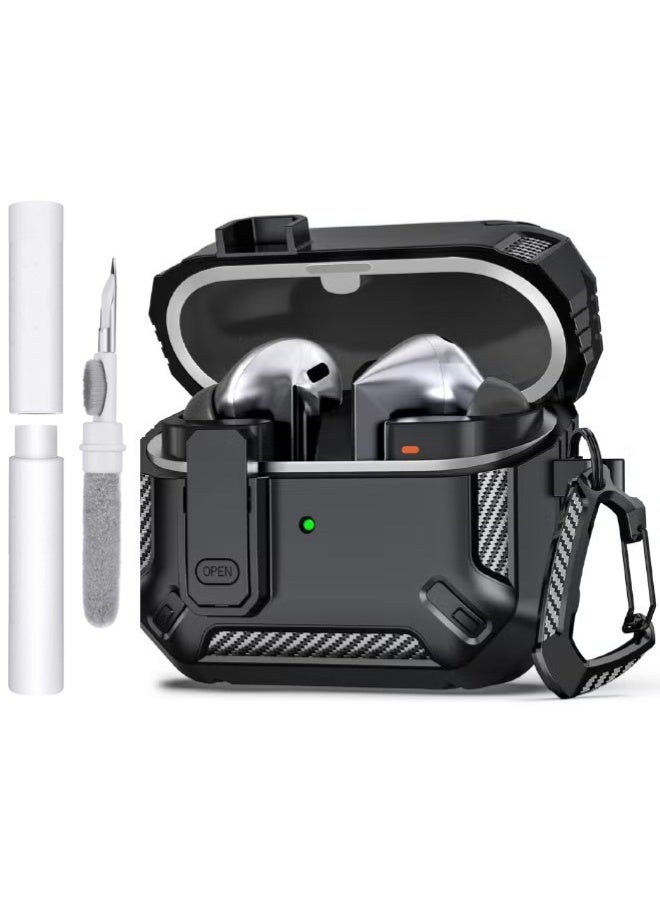 Samsung Galaxy Buds 3 / Buds 3 Pro Case - Rugged Hard Shell with Secure Lock, Carabiner Keychain & 3-in-1 Cleaning Kit | Shockproof Carbon Fiber Cover (2024 Model, Black) - Image 1