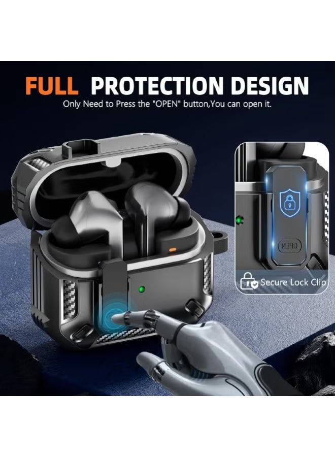 Samsung Galaxy Buds 3 / Buds 3 Pro Case - Rugged Hard Shell with Secure Lock, Carabiner Keychain & 3-in-1 Cleaning Kit | Shockproof Carbon Fiber Cover (2024 Model, Black) - Image 2