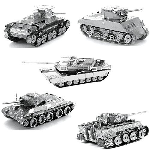 Fascinations Metal Earth Tanks 3D Metal Model Kits M1 Abrams Tiger 1 T34 ChiHa Sherman Set of 5 - Image 1