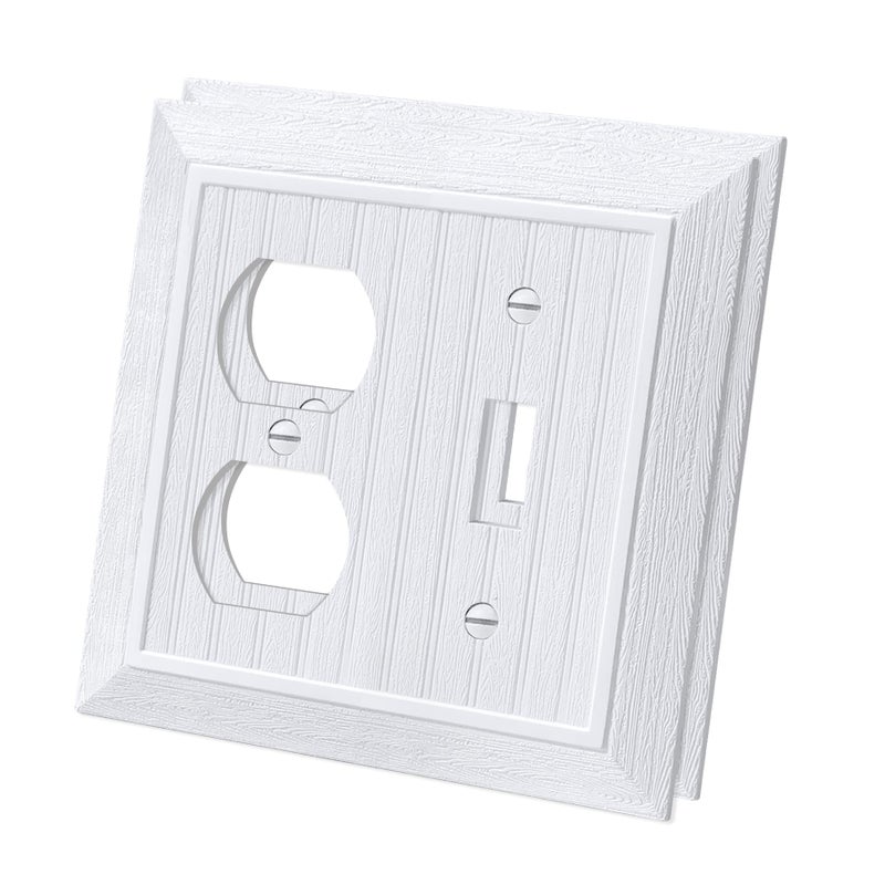 2 Pack CML Classic Beadboard DuplexToggle Combination Switch Wall Plate Vintage Outlet Covers Retro Wood Grain Design Switch Plates Impact Resistant Standard Size 495X 487 White