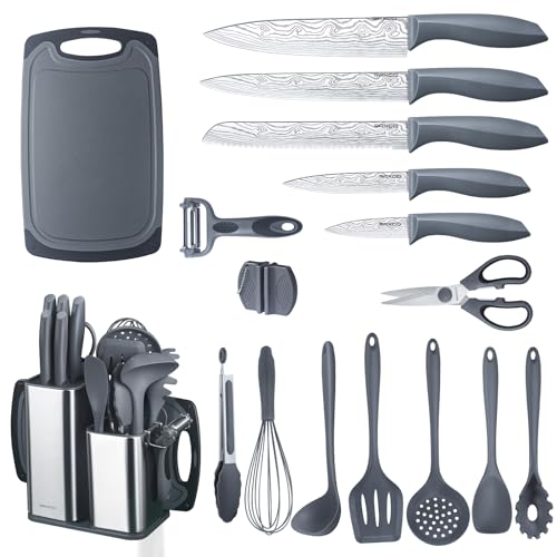 RAXCO Cooking Utensils Set,18-Piece Damascus Texture Knifes and Kitchen Gadgets,Integrated Storage,Grey - Image 1