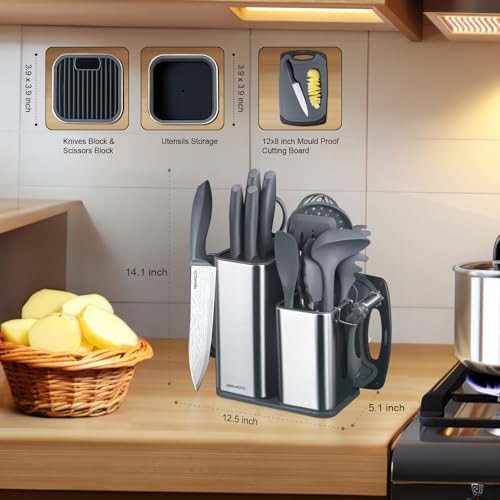 RAXCO Cooking Utensils Set,18-Piece Damascus Texture Knifes and Kitchen Gadgets,Integrated Storage,Grey - Image 2