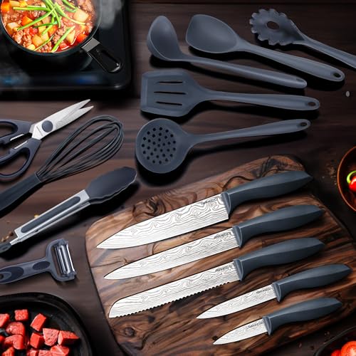 RAXCO Cooking Utensils Set,18-Piece Damascus Texture Knifes and Kitchen Gadgets,Integrated Storage,Grey - Image 4