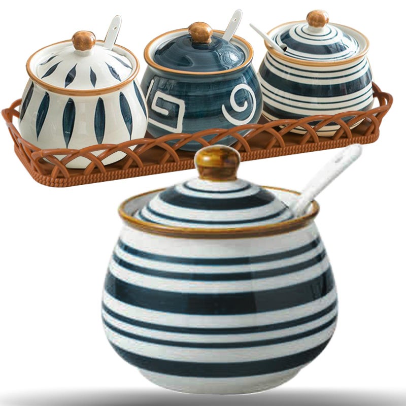 Orkim Kitchen Ceramic Condiment Jars with Lids and Spoons, 3 Piece Porcelain Seasoning Jar Set for Salt Spice Pepper Suger Bowl, Coffee Tea Container Pot with Serving Tray - Japanese Style - Image 1