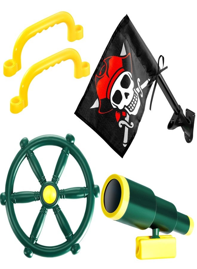 Junkin 5 Pcs Playground Equipment Plastic Pirate Steering Wheel Pirate Telescope Safety Handles Pirate Flags for Outdoor Backyard Swing Set Playhouse Tree House Jungle Gym Accessories (Green) - Image 1