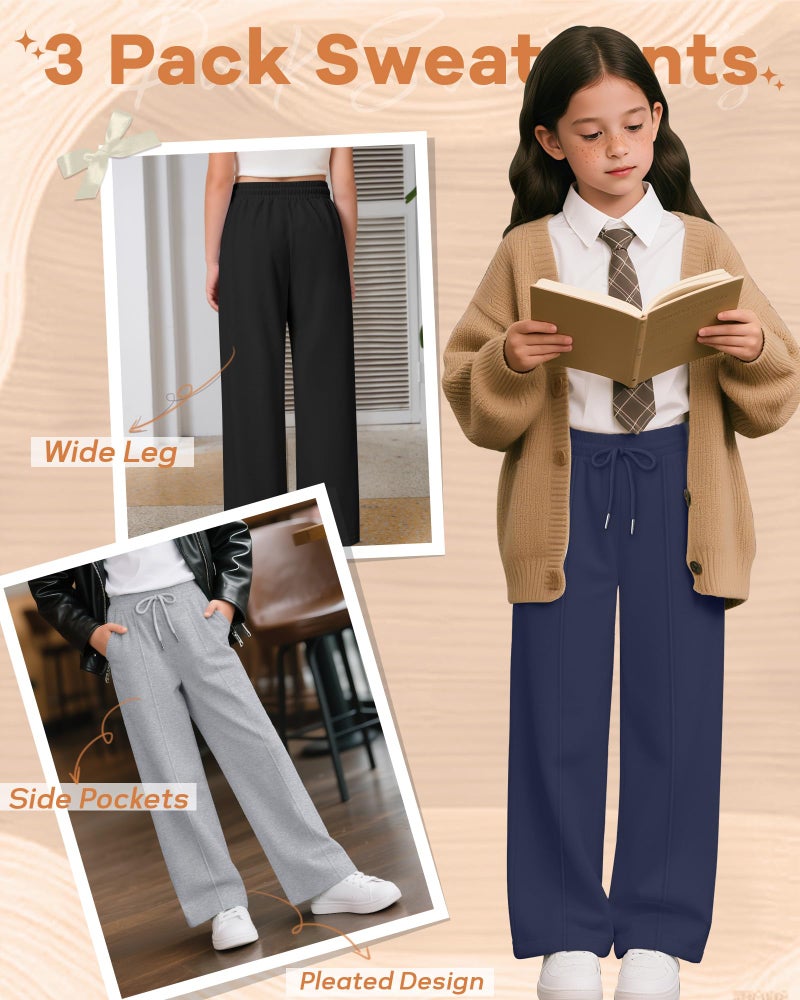 LessonZoo 3 Pack Girls Wide Leg Sweatpants Drawstring Baggy Pants Teen Girls Athletic Joggers Pants with Pockets 5-14Y(Navy Blue, Light Heather Gray, Black,9-10 Years) - Image 5