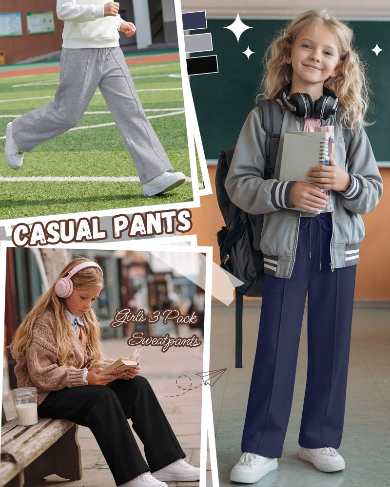 LessonZoo 3 Pack Girls Wide Leg Sweatpants Drawstring Baggy Pants Teen Girls Athletic Joggers Pants with Pockets 5-14Y(Navy Blue, Light Heather Gray, Black,9-10 Years) - Image 4